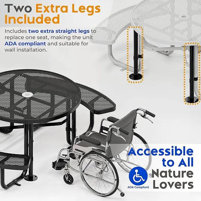 Metal Picnic Tables for Outdoors with Umbrella Hole - Coated Steel Heavy Duty Commercial Grade Table with Adjustable Seats (Black, 46 in, Round, Punched Steel) by GreenHaven Gardens