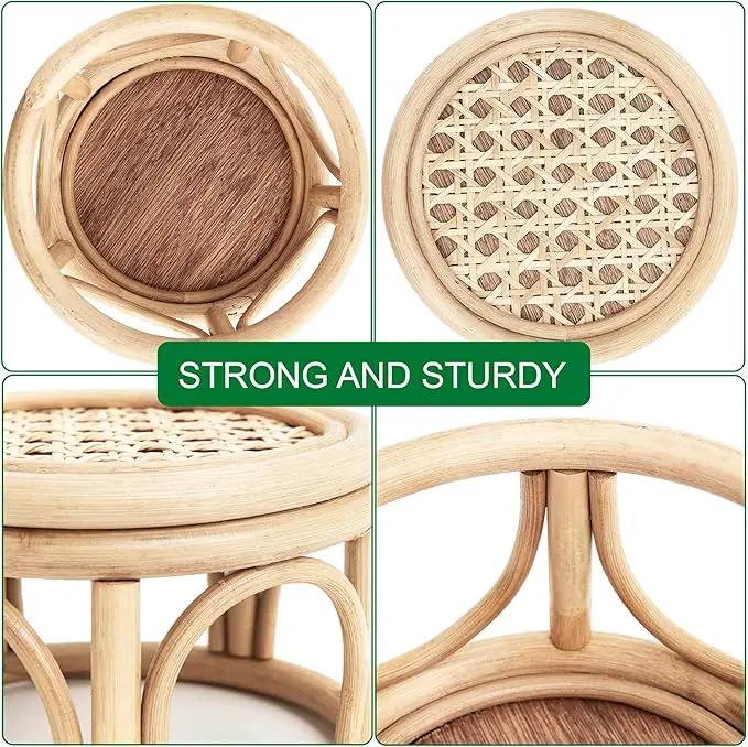 Set of 2 Small Boho Rattan Wicker Round Riser Plant Stand Indoor,Rustic Farmhouse Natural Wooden Circle Pedestal for Decor & Display, Tabletop, Office Decor by GreenHaven Gardens