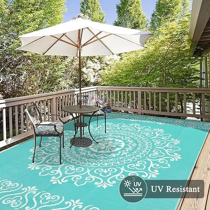 Pauwer Waterproof Outdoor Rug 8x10, Reversible Plastic Straw Patio Camping Rug, Indoor Outdoor RV Mat Carpet for Deck, Camper, Porch, Balcony, Backyard, Picnic, Floral Light Blue by GreenHaven Gardens