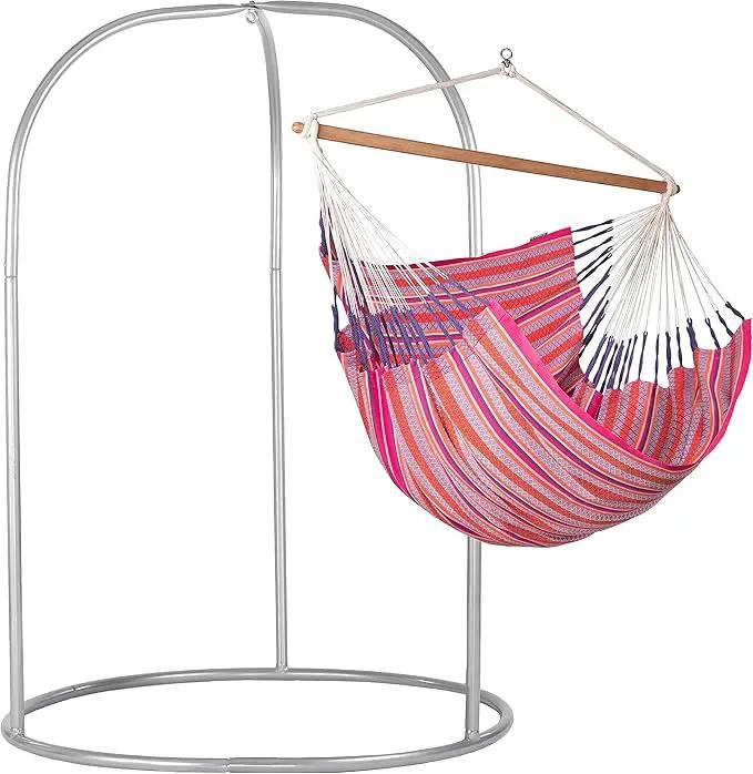 LA SIESTA - XL King Habana Cotton Hammock Chair & Romano Steel Stand - Indoor/Outdoor Hanging Chair Swing for Bedroom, Porch, Balcony - Boho Flamingo by GreenHaven Gardens