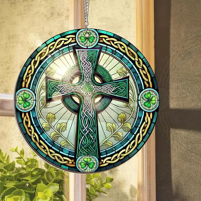 St Patricks Day Decorations - Irish Gifts for Men Women Friends Family, St Patricks Day Accessories, Celtic Cross Home Decor - Double Layered Hanging Suncatcher 12 in by GreenHaven Gardens