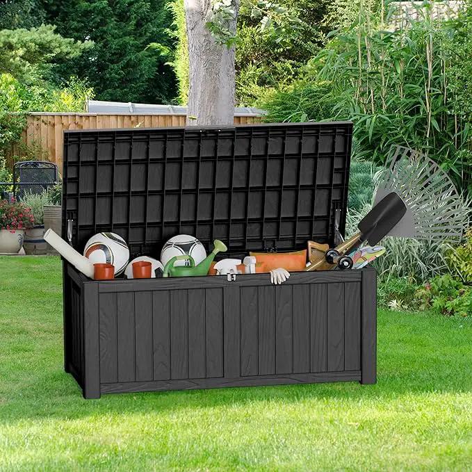 Extra-Large 150 Gallon Outdoor Chest Storage Waterproof - Outside Storage Box & Bench, Resin Deck Chest for Patio/Pool, Lockable UV-Resistant, Onyx Black by GreenHaven Gardens