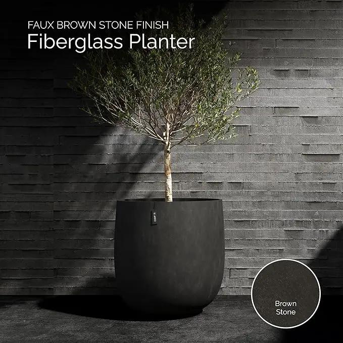 Mondo Large Planter – Brown Stone Finish – Fiberglass Indoor/Outdoor and Weather-Resistant Round Planter (33" D x 31.3" H Exterior, 31.5" D x 30.7" H Interior) by GreenHaven Gardens