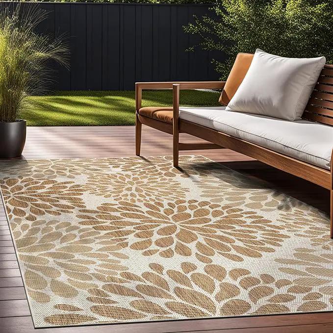 Beverly Rug Outdoor Rug 9x12 Modern Exotic Tropical Leaf Area Rugs for Indoor and Outdoor Patio Deck Porch Garden Water Resistant Washable Outside Carpet (9 x 12 Beige) by GreenHaven Gardens