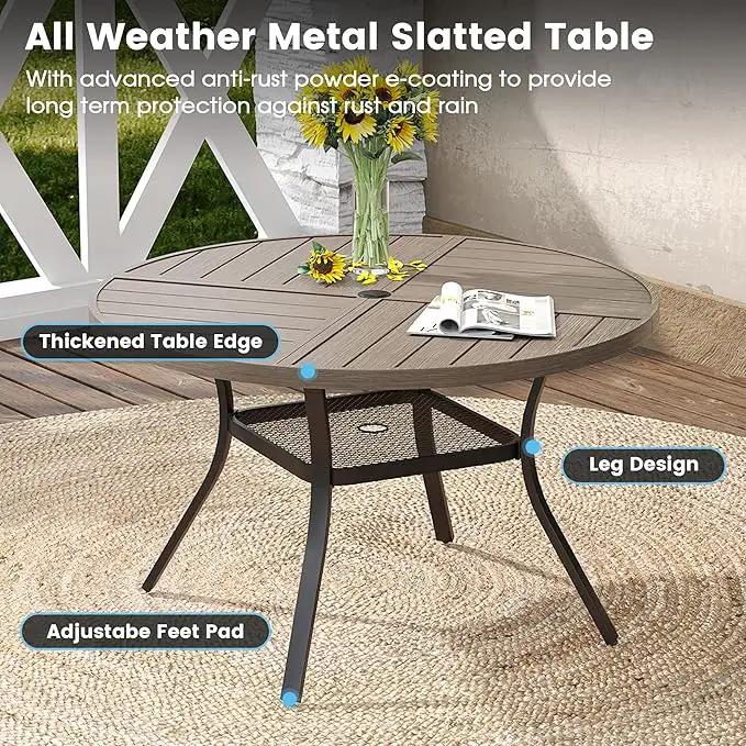 DIFY 40.6" Round Outdoor Patio Dining Table for 4, All-Weather Metal Steel Slatted Patio Table with 1.57" Adjustable Umbrella Hole, for Lawn Garden Porch Backyard, Grey Wood-Like by GreenHaven Gardens