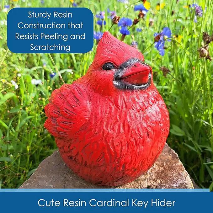Stocky Cardinal Garden Statue and Key Hider - Hides a Secret Extra Hidden Key Outside in Garden, Yard or Porch by GreenHaven Gardens