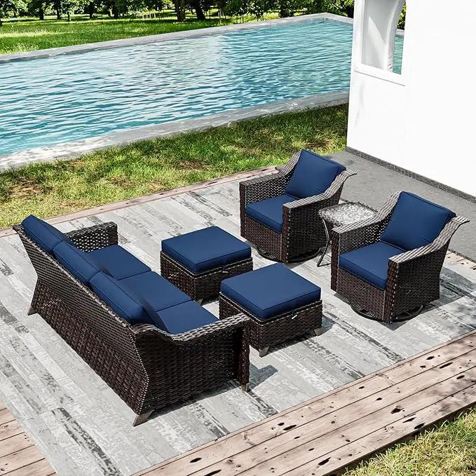 Joyside Wicker Patio Furniture Sets, 6 Pieces Upgraded Large Size Outdoor Furniture with Swivel Rocking Patio Chairs, Outdoor Ottoman, 3-Seat Sofa and Side Table, Thick Cushions, Wide Armrest by GreenHaven Gardens