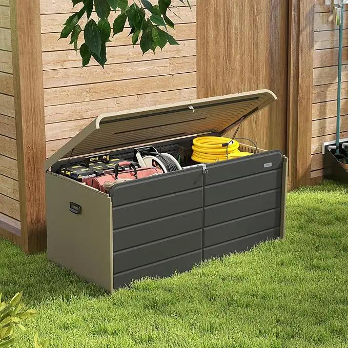 Domi 160 Gallon Resin Deck Box, Waterproof & UV-Resistant Outdoor Large Storage Box Lockable Storage Bin for Patio Cushions Pool Supplies Garden Tools and Delivery Storage by GreenHaven Gardens