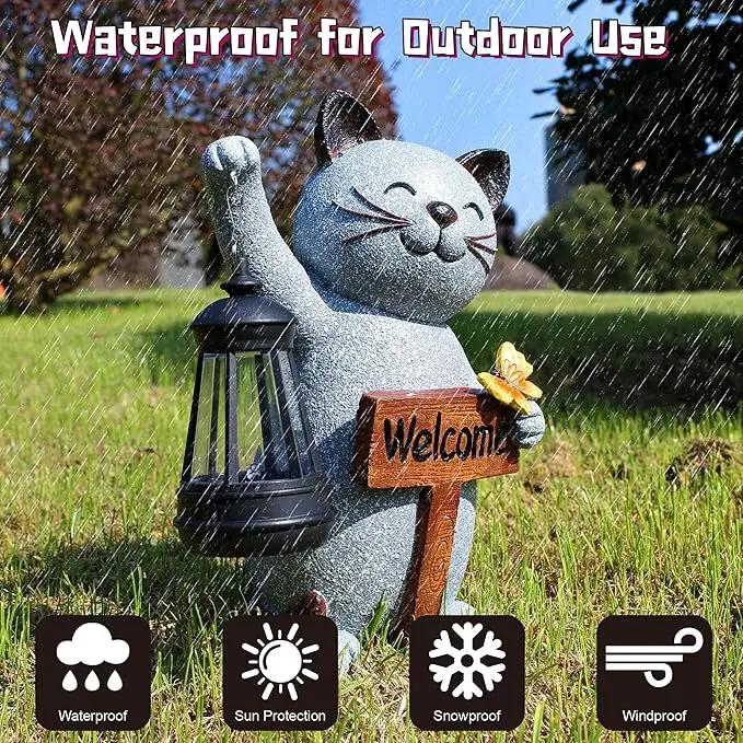 Juegoal Garden Statue Solar Cat Figurine with Lantern, 10" Resin Kitten Outdoor Lawn Porch Yard Art, Lighted Christmas Birthday Gifts for Mom Grandma by GreenHaven Gardens