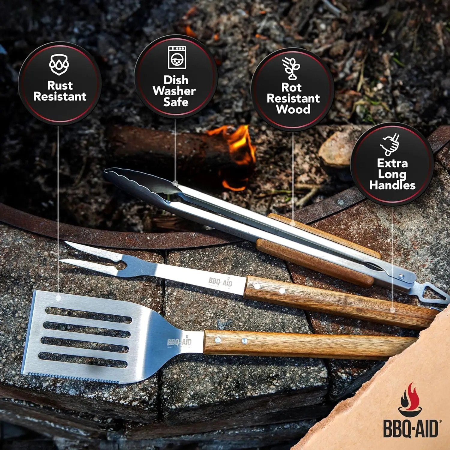 3 Piece BBQ Grilling Accessories Set - BBQ Tongs Spatula Fork Set - Heavy Duty Stainless Steel Barbecue Grill Tools with Solid Hard Wood Handles Great Gift Set by GreenHaven Gardens