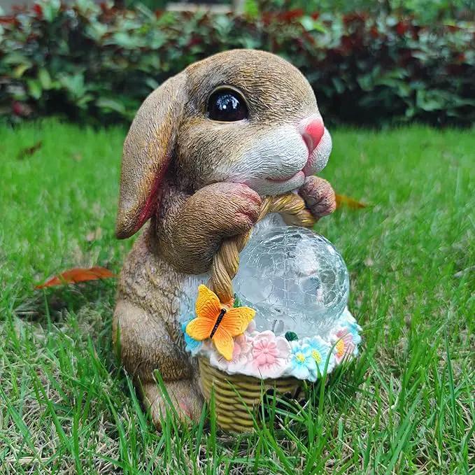 Solar Rabbit Garden Outdoor Statues,Resin Rabbit Figurine Carrying Flower Basket and Magic Orb with Solar LED Lights, Lawn Decor Outdoor Statue for Patio, Balcony, Yard Ornament by GreenHaven Gardens