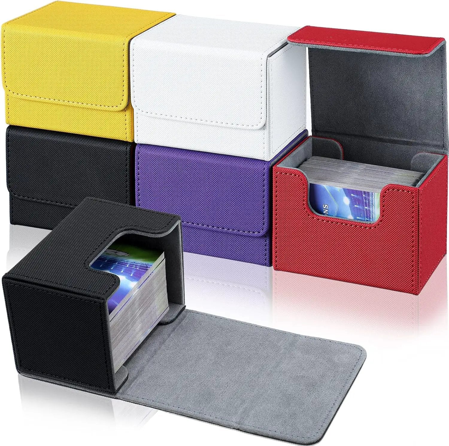 Yookeer 6 Pack Leather Deck Cases 100+ Card Deck Game Box Magnetic Playing Card Storage Box for 100 Plus Cards Compatible with Tcg(White,Black,Red,Yellow,Purple,Horizontal) by GreenHaven Gardens