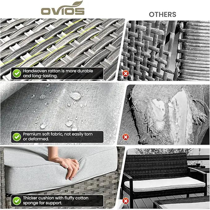 ovios 6 Pieces Patio Furniture Set with 42" Fire Pit Table, Outdoor Wicker Sofa with Comfy Cushions, All Weather High Back Rattan Couch Conversation Set, Grey by GreenHaven Gardens