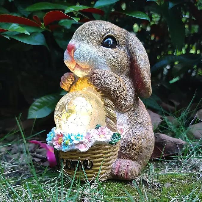 Solar Rabbit Garden Outdoor Statues,Resin Rabbit Figurine Carrying Flower Basket and Magic Orb with Solar LED Lights, Lawn Decor Outdoor Statue for Patio, Balcony, Yard Ornament by GreenHaven Gardens