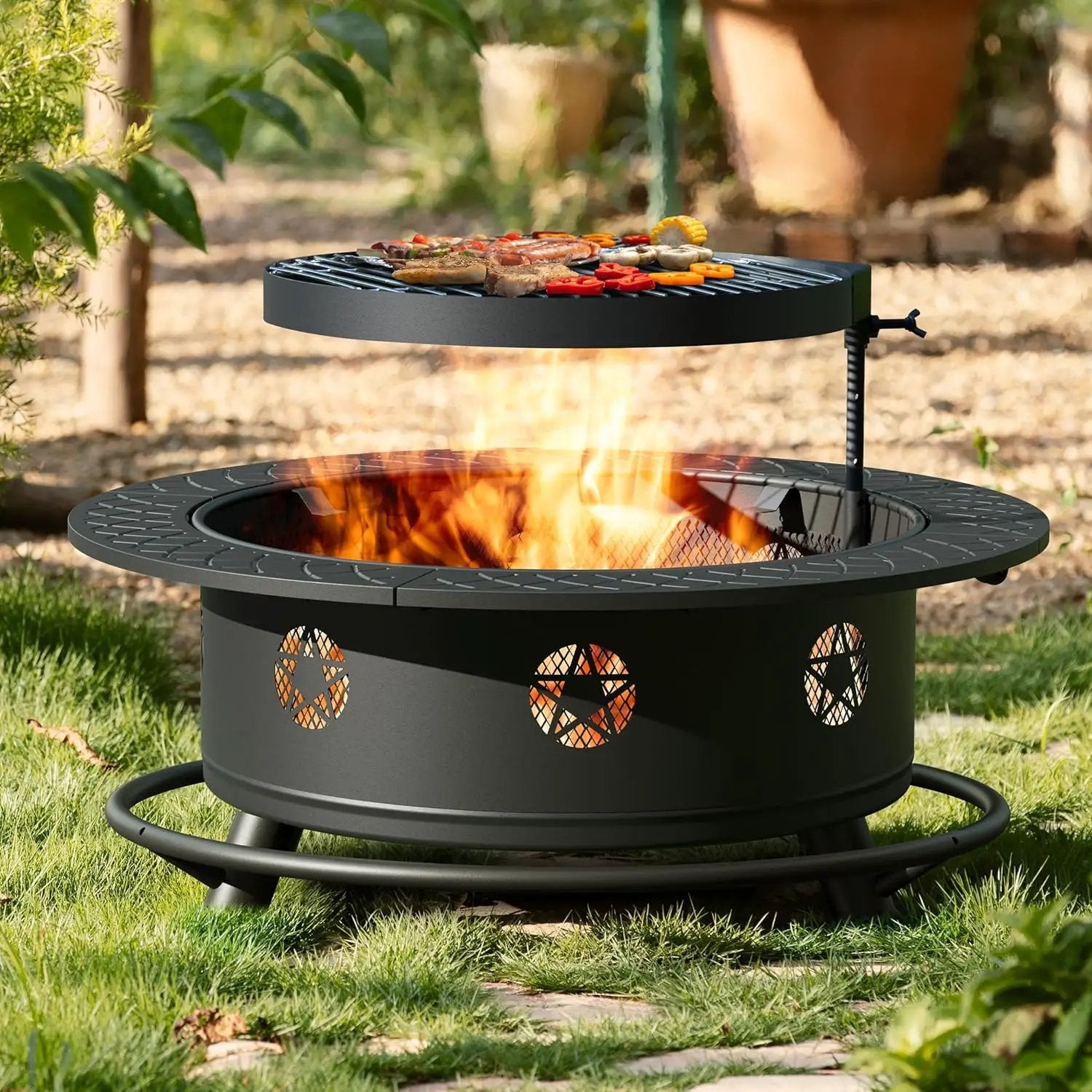 35 Inch Fire Pit with BBQ Grill, Wood Burning Fire Pits for Outside with Lid & Fire Poker, 3 in 1 Round Metal Fire Pit Table with Cooking Grate, Outdoor Firepit for Backyard, Patio, Bonfire, Picnic by GreenHaven Gardens