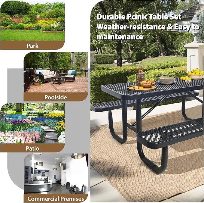 6FT Metal Picnic Tables for Outdoors, Commercial Rectangular Picnic Table and Bench Set for Outside, Patio, Garden, Backyard, Porch, Surface Mount, Black by GreenHaven Gardens