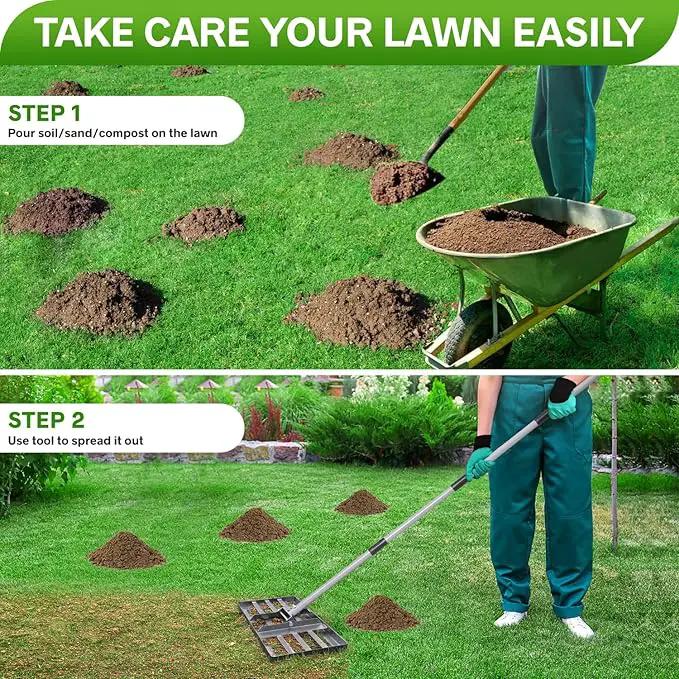 Lawn Leveling Rake, Lawn Leveler with Stainless Steel Long Handle, Heavy Duty Yard Level Tool for Leveling Soil, Sand Or Dirt Surfaces, Gardening Gloves Gift Included (17x10in) by GreenHaven Gardens