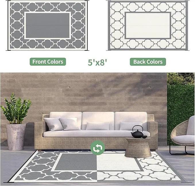 GENIMO 5 ' x 8 ' Outdoor Rug for Patio, Waterproof Indoor Outdoor Plastic Straw Rugs Carpet, Reversible Outside Area Mat for Camping, Balcony Porch, Deck, Picnic, Beach Grey & Beige White by GreenHaven Gardens