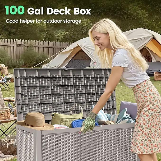 100 Gallon Storage Box, Waterproof Resin Deck Box with Hydraulic Piston Design, Lockable Storage Bench for Package Delivery, Storage Bin for Patio Cushions, Garden Tools, Grey by GreenHaven Gardens