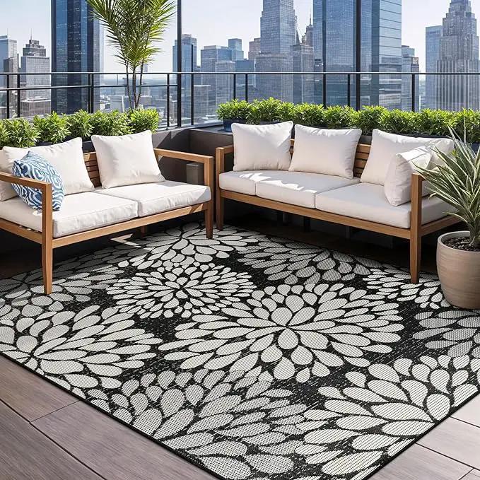Beverly Rug Outdoor Rug 9x12 Modern Exotic Tropical Leaf Area Rugs for Indoor and Outdoor Patio Deck Porch Garden Water Resistant Washable Outside Carpet (9 x 12 Dark Gray) by GreenHaven Gardens