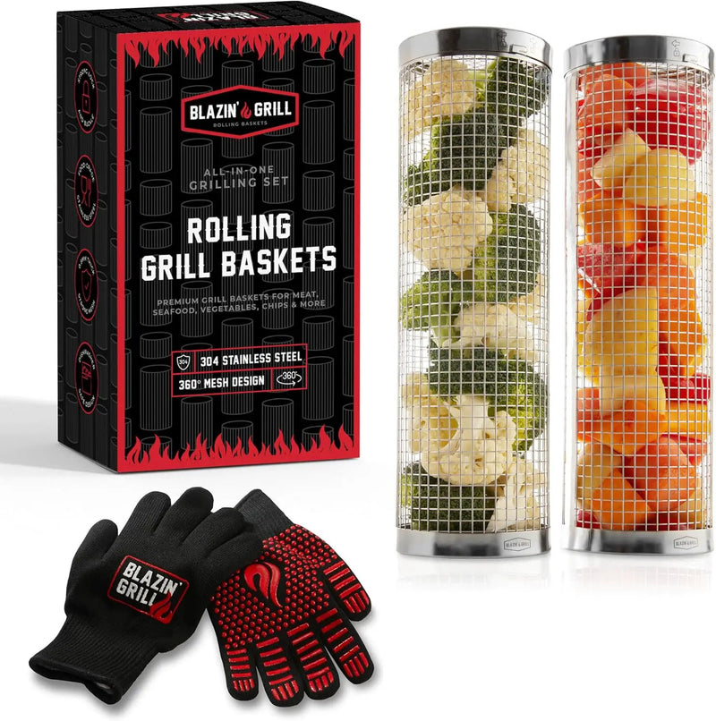 BLAZIN' GRILL Rolling Grill Basket | Rolling Grilling Baskets for Outdoor Grilling 2 Pcs | Barbecue Grill Set with BBQ Gloves | Portable Camping Net Rack Perfect for Vegetables, Seafood & Meat by GreenHaven Gardens