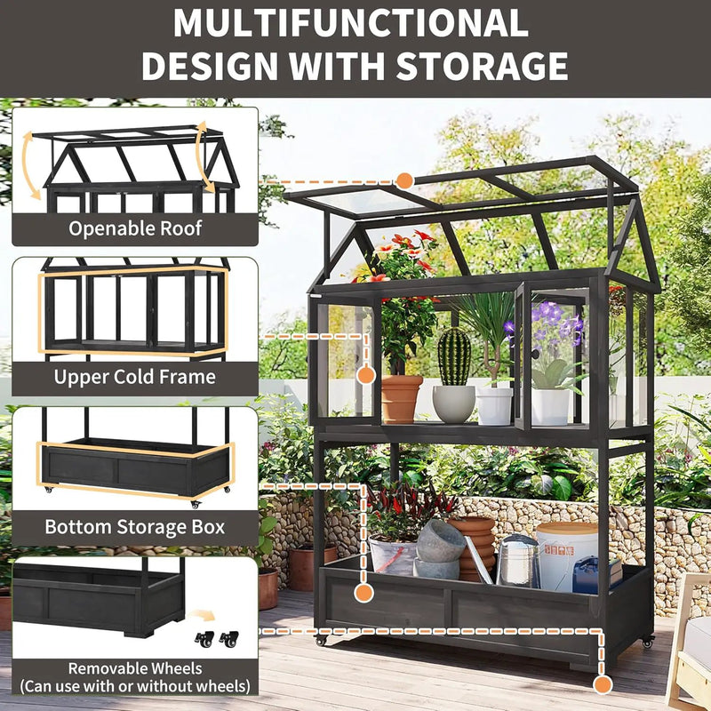 Greenhouse Cold Frames with Wheels - Adjustable Shelves Portable Cold Frame for Balcony/Patio, UV-Resistant Indoor Outdoor Plant Growing Cabinet (Large, Heavy-Duty) (Black) by GreenHaven Gardens