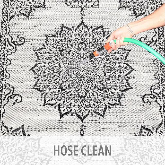 CAMILSON Outdoor Rug, 5x7 Medallion White Black Modern Area Rugs for Indoor and Outdoor Patios, Kitchen and Hallway Mats, Washable Porch Deck Outside Carpet (Medallion White, 5 x 7) by GreenHaven Gardens