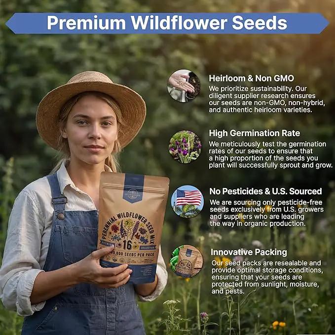 Organo Republic 16 Perennial Wildflower Seeds Mix for Indoor & Outdoors. 100,000+ Non-GMO, Heirloom Wildflower Garden Seeds, 4oz Packet for Growing Wild Flowers to Attract Bees, Butterflies & Birds by GreenHaven Gardens