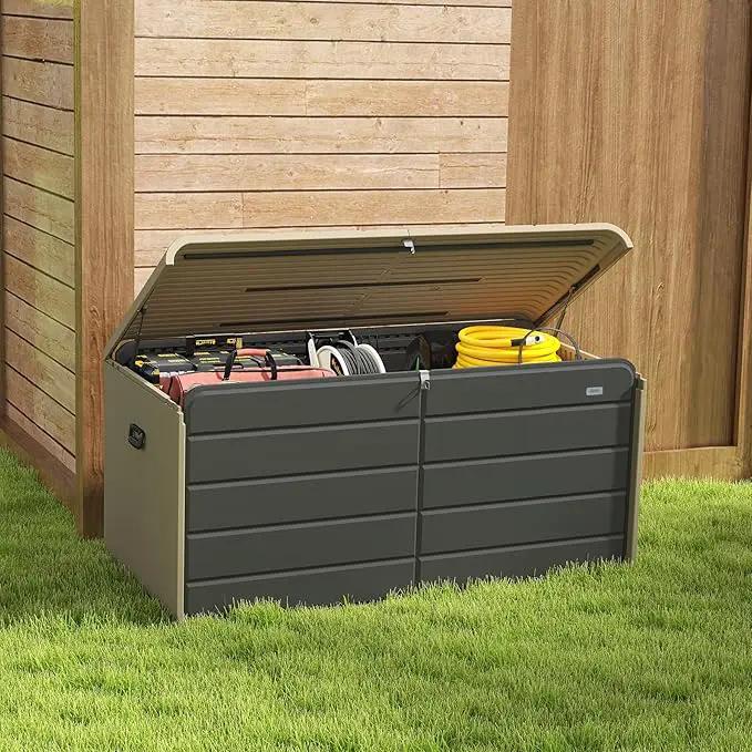 Domi 200 Gallon Resin Deck Box, Waterproof & UV-Resistant Outdoor Large Storage Box Lockable Storage Bin for Patio Cushions Pool Supplies Garden Tools and Delivery Storage by GreenHaven Gardens
