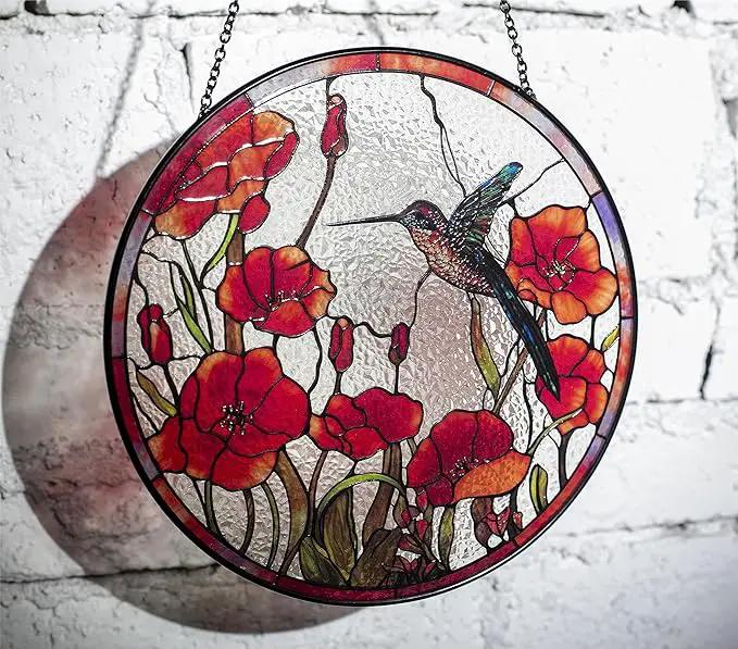 7.8'' Hummingbird Suncatcher Stained Glass Suncatchers - Originally Designed Hummingbird Red Poppies Ornament for Sun Catcher Indoor Window | Gifts for Hummingbird Lovers Painted Glass Panel Decor by GreenHaven Gardens