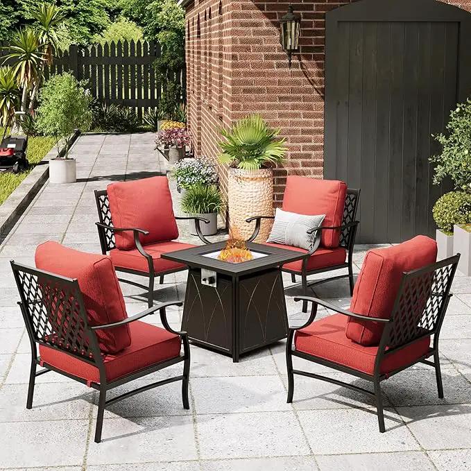 Patio Furniture Set with Fire Pit Table, 5 Pcs Metal Outdoor Conversation Set, 4 Single Chairs with 5.75" Extra Thick Cushion and 28" Fire Pit Table for Backyard Deck, Red by GreenHaven Gardens