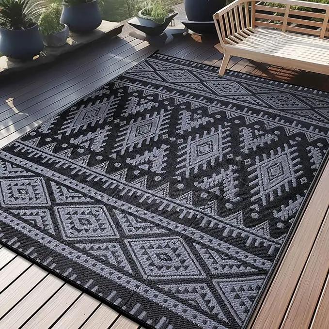 OLANLY Outdoor Rug Waterproof 6x9 ft, Reversible Outdoor Plastic Straw Rug, Boho Patio Rug, Indoor Outdoor Carpet, RV Mat Outside for Patio, Camp, Picnic, Balcony, Deck, Backyard, Black & Grey by GreenHaven Gardens