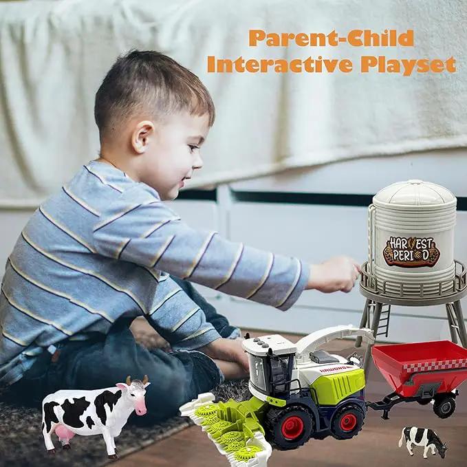 Farm Animals Toys Set Barn Toy Combine Harvester Tractor with Trailer Horse Stable Grain Bins Horse Cow Farmer Figures Fence Playset for Kids Toddlers Boy Girl 3-7 Years Old by GreenHaven Gardens