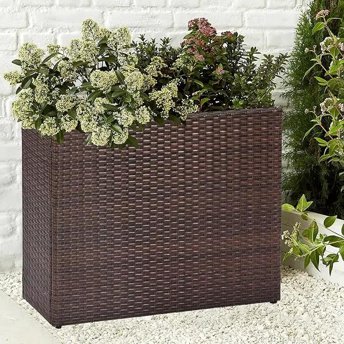 LEWIS&WAYNE Large Rectangular Block Planter Box Handmade Wicker Tall Planters for Outdoor Plants with Removable Liners Modern Planter for Indoor Outdoor Patio Deck - Brown, 32''x11''x24'' by GreenHaven Gardens