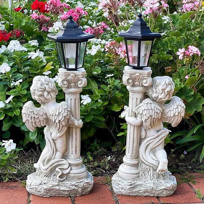 Angel Statue with Solar Lights (Right) 19.7 Inch, Outdoor Solar Angel Garden Statue with Roma Pillar for Garden Lawn Deocr, Christian Religious Gift by GreenHaven Gardens