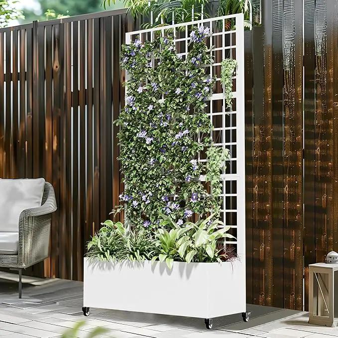 Casaphoria Metal Raised Garden Bed with Trellis and Wheels, 72"x35"x16" Planter Box for Climbing Plants, Vegetables & Vines, Features Drainage Holes and Privacy Screen (White-Square) by GreenHaven Gardens