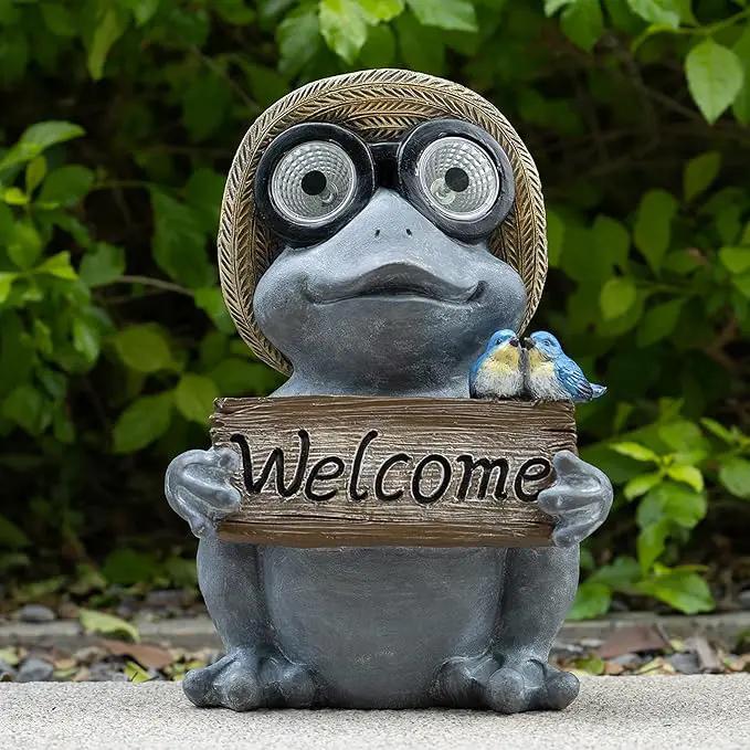 Garden Statue of Frog with Solar Light Eyes,Solar Decor Frog Outdoor Decorations,Frogs Figurine for Patio, Balcony, Yard, Lawn Ornament,Perfect Garden Gift,9.72inch by GreenHaven Gardens