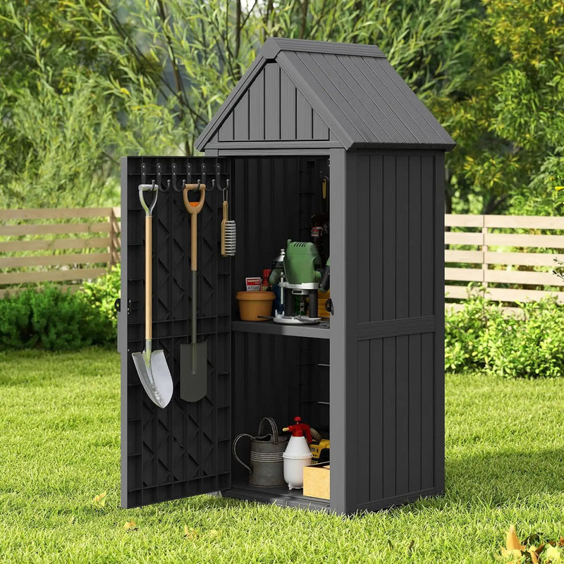 Shed Outdoor Storage Shed with Sloping Roof and Lockable Door, Resin Outdoor Storage Box Cabinet Waterproof and Multiple Hooks for Backyard, Patio, Poolside, Black by GreenHaven Gardens