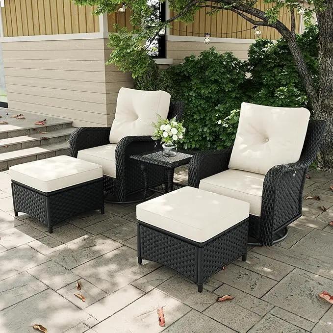 5 Pieces Outdoor Patio Furniture Sets with Rocking Swivel Chairs with 6-inch Thick Cushion and Side Table for Deck Lawn by GreenHaven Gardens