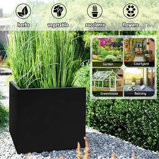 Galvanized Steel Rectangular Planter, 16"x 12"x 12" Small Planters for Outdoor Plants, Black Outdoor Planter with Drainage Holes by GreenHaven Gardens