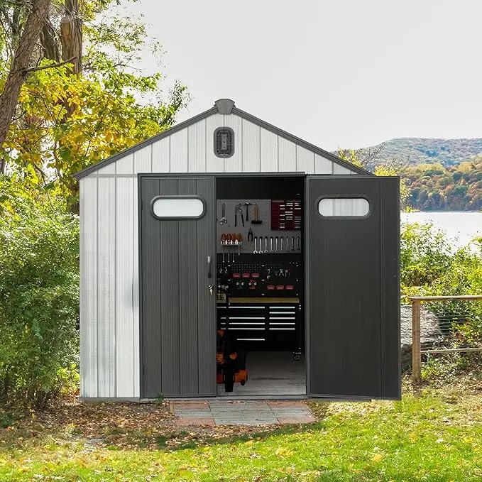 Domi 8x8 FT Outdoor Resin Storage Shed, All-Weather Double-Wall Storage Building for Backyard, Garden, Lawn Tools, Mower, Bike & Pool Equipment, Lockable Doors, Ventilated Roof, Grey by GreenHaven Gardens