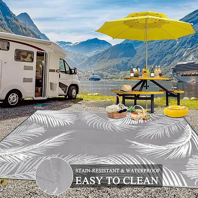 Pauwer Waterproof Outdoor Rug 9x12, Reversible Plastic Straw Patio Camping Rug, Indoor Outdoor RV Mat Carpet for Deck, Camper, Porch, Balcony, Backyard, Picnic, Leaf Grey by GreenHaven Gardens