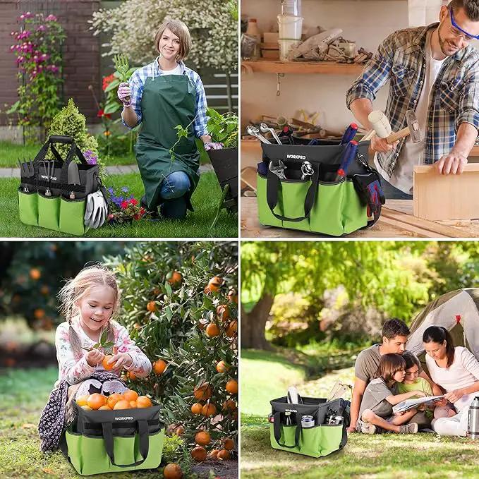 WORKPRO Garden Tool Bag Organizer, Heavy Duty Gardening Tote Bag with 10 Pockets and Long Adjustable Shoulder Strap, Standable Garden Home Tool Kits Organizer, Green by GreenHaven Gardens