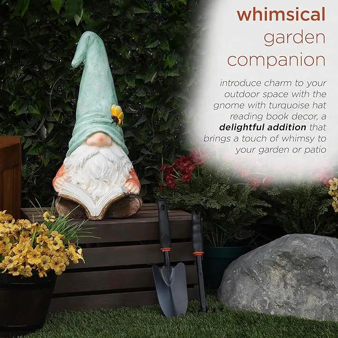 Alpine Corporation MCC844 Indoor/Outdoor Gnome Reading a Book Garden Statue, Charming Gnome Statue with Hat, 20" H, Turquoise by GreenHaven Gardens
