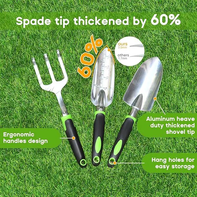 Garden Tool Set, 3 Pack Aluminum Heavy Duty Gardening Kit Includes Hand Trowel, Transplant Trowel and Cultivator Hand Rake with Soft Rubberized Non-Slip Ergonomic Handle, Garden Gifts by GreenHaven Gardens