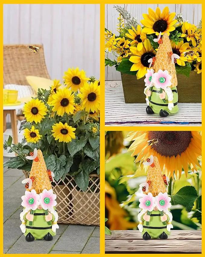 iStatue Solar Garden Gnome Figurine Light with Bees Sunflower, 9.5'' Resin Outdoor Statue for Yard Patio Decor Lawn Ornaments Porch Garden Gifts for Women/Girl (Ms Bee Gnome) by GreenHaven Gardens