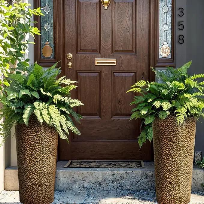 KOL 25" H. Metal Hand-Hammered Planters with Inner Pots 2-Pack, Bronze Decor Planter for Deck, Patio, Porch - Galvanized Steel Handcrafted Flower Pot - w/Water Level Indicator - Indoor Outdoor Use by GreenHaven Gardens