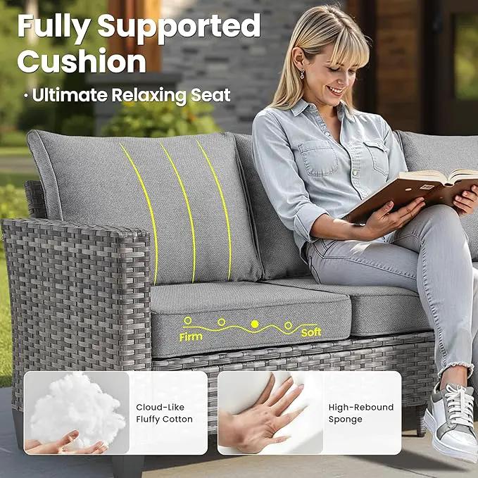 ovios 6 Pieces Patio Furniture Set with 54" Fire Pit Table, Outdoor Wicker Sofa with Comfy Cushions, All Weather High Back Rattan Couch Conversation Set, Dark Grey by GreenHaven Gardens