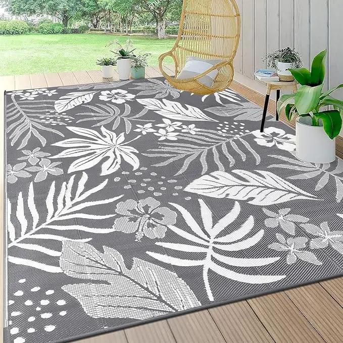 Pauwer Waterproof Outdoor Rug 9x12, Reversible Plastic Straw Patio Camping Rug, Indoor Outdoor RV Mat Carpet for Deck, Camper, Porch, Balcony, Backyard, Picnic, Floral Grey by GreenHaven Gardens