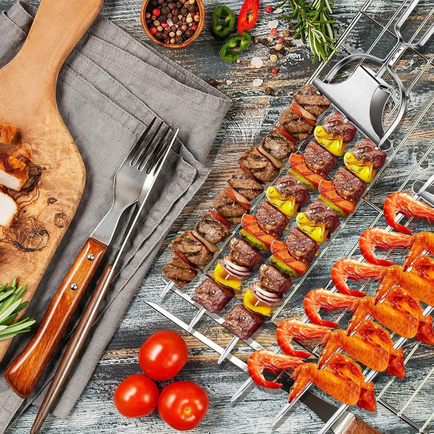 6PCS Kabob Skewers for Grilling, 14'' Stainless Steel 3-prong Metal Kebab Grill Skewers with Push Bar Slider, Skewer Sticks for Meat Veggies Shrimp Marshmallows Fruits, BBQ Barbecue Accessories by GreenHaven Gardens